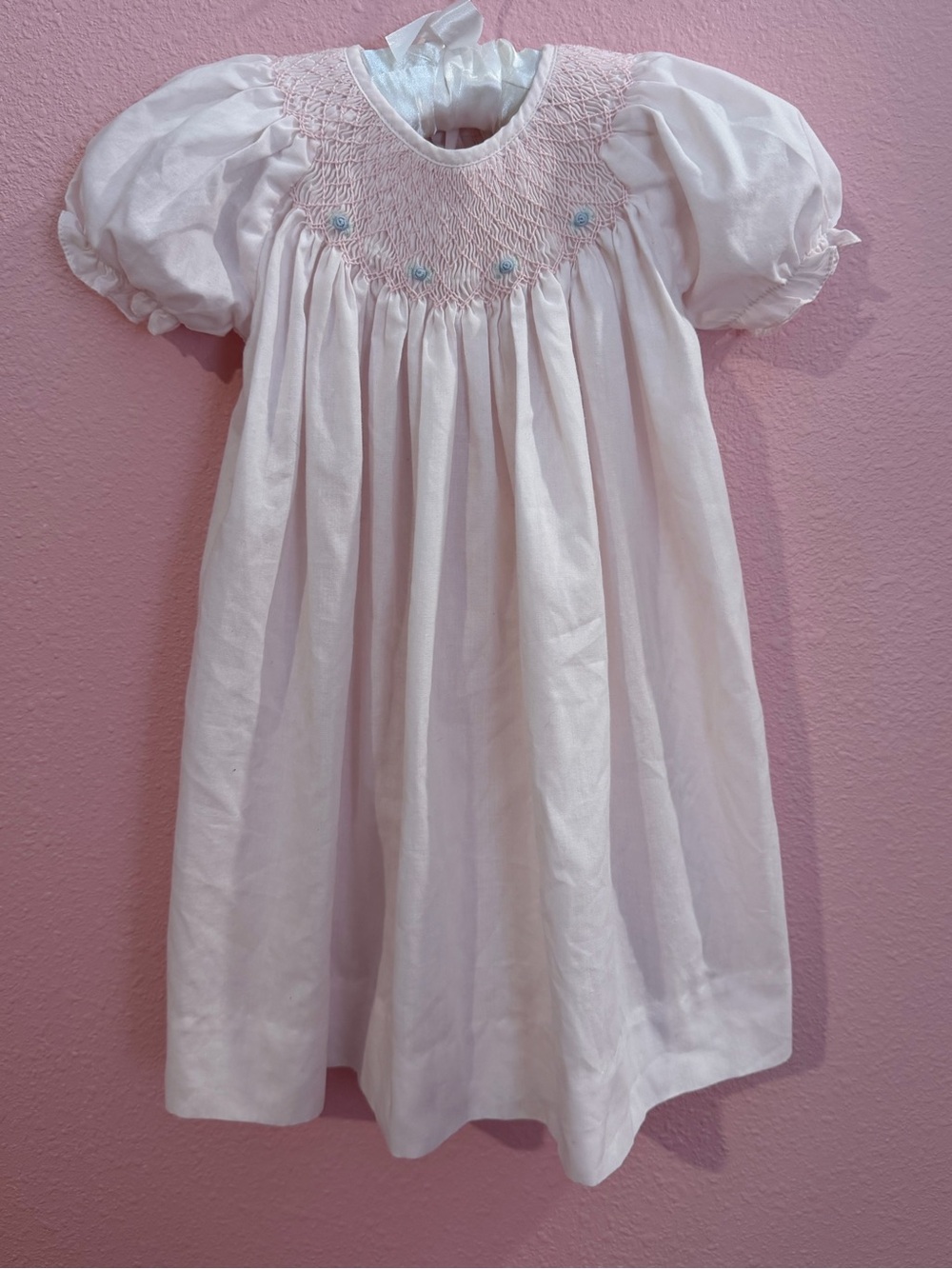 Petit Ami Pale Pink Smocked Puff-Sleeve Dress with Blue Embroidery